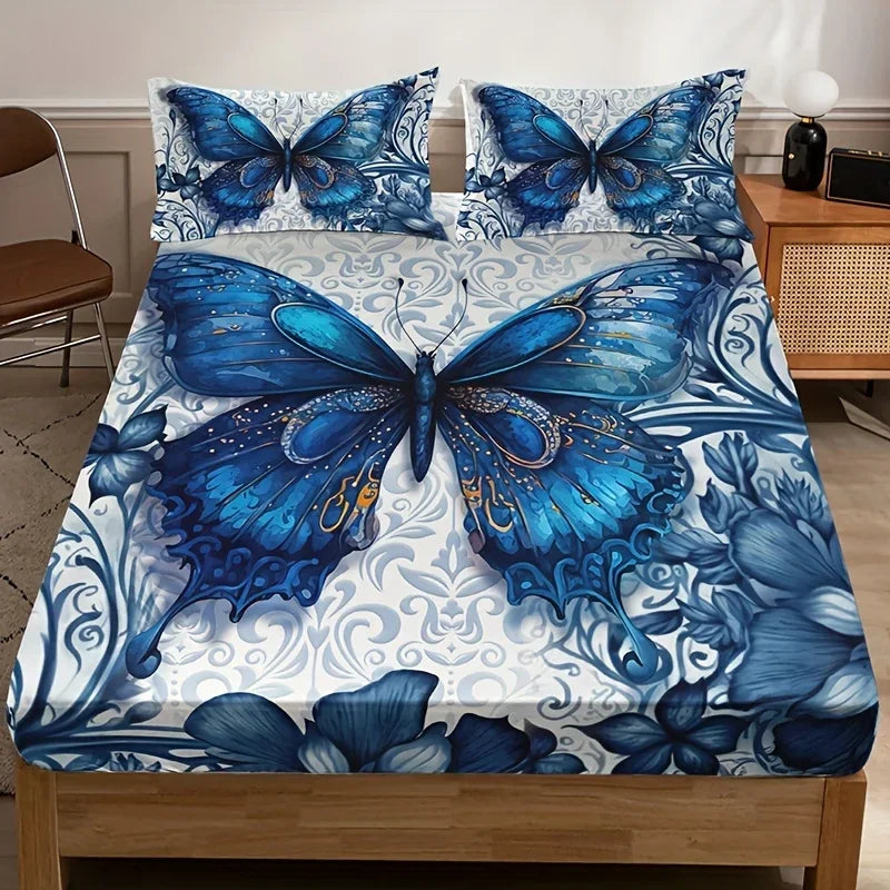 drap lit bleu papillons fleurs moderne coton polyester 150x200cm 180x200cm 200x220cm taies oreiller