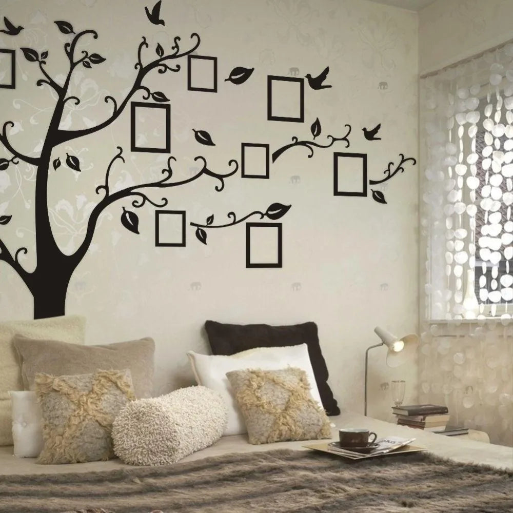 sticker mural arbre moderne noir branches feuilles oiseaux cadres photo 50x70cm