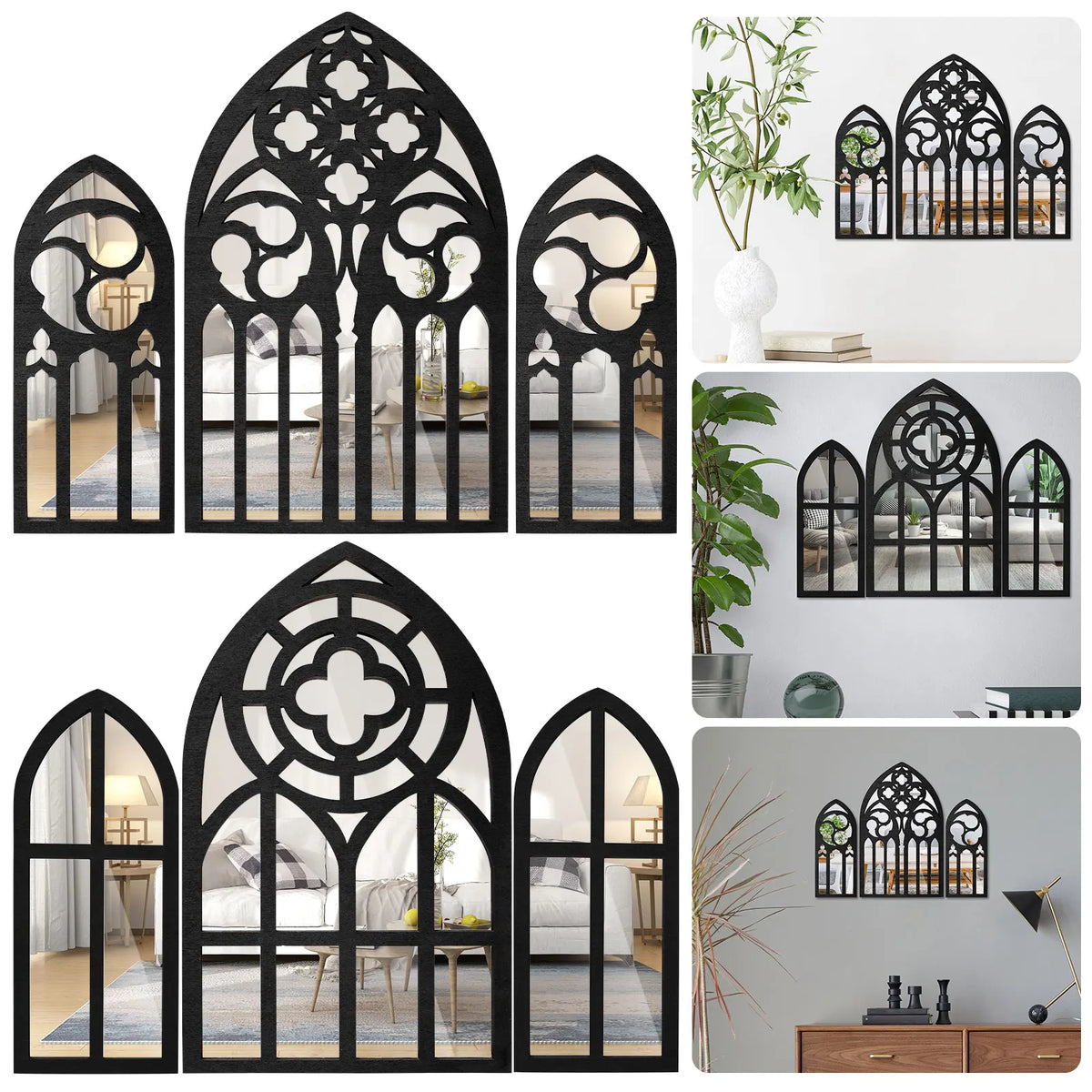 ensembles miroirs gothiques décoratifs noir argentés motifs floraux arches ajourées chambre coucher