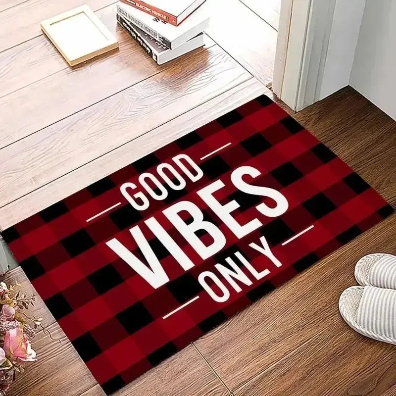 tapis moderne minimaliste imperméable antidérapant porte salon couleur rouge noir bleumarine carreaux bois textes