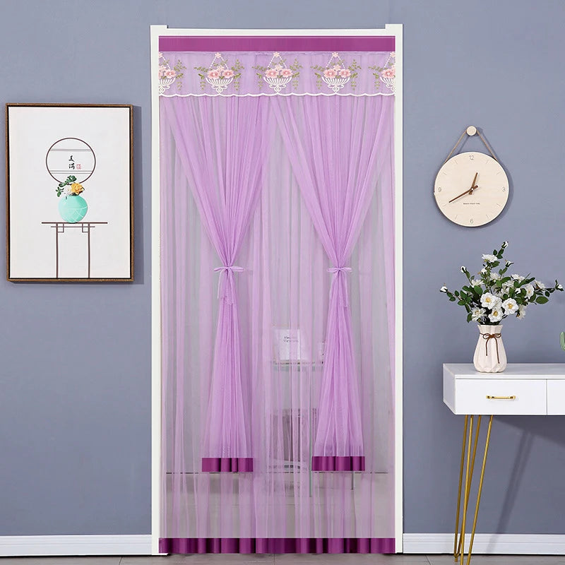 rideau porte anti moustiques blanc jaune violet rose broderie cerfs fleurs transparent classique ruban