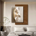 tableau abstrait contemporain mural led blanc gris marron clair ondulé mat éclairage minimaliste chambre