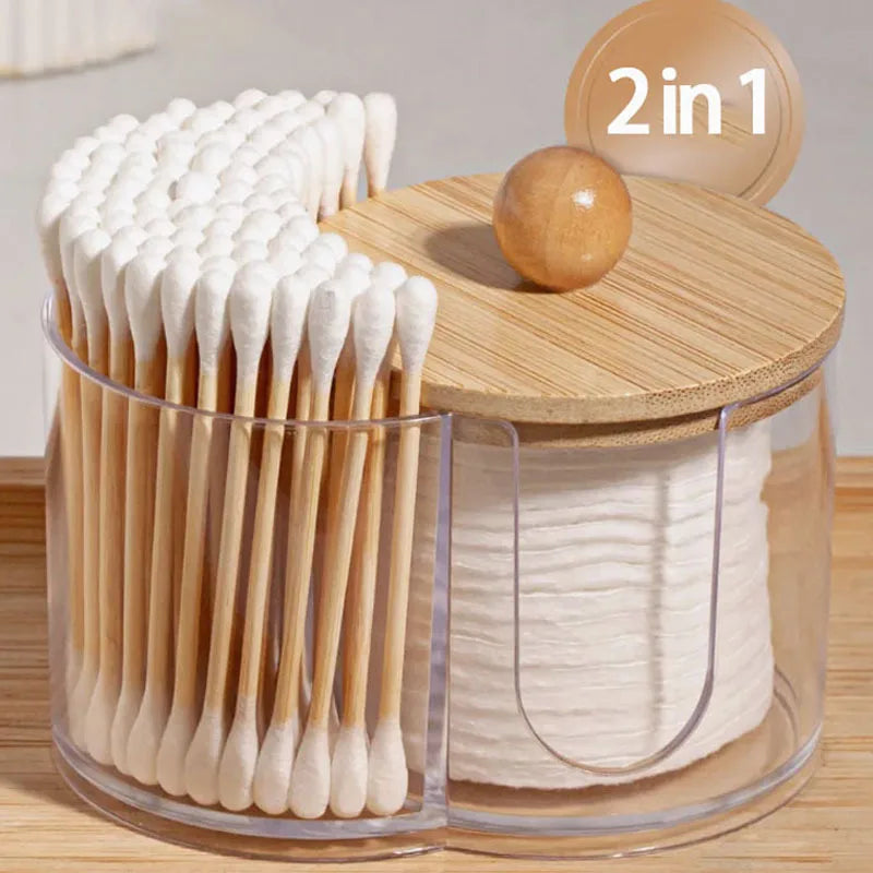 rangement transparent compartiments bois coton tiges disques démaquillants boite plastique moderne minimaliste