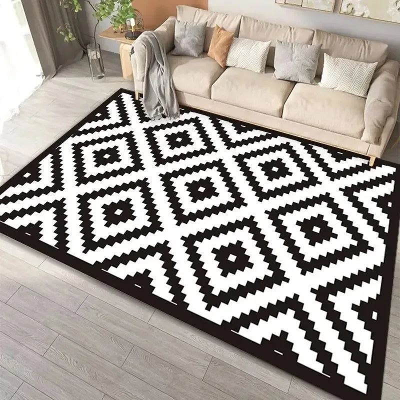 tapis sol moderne noir blanc motif géométrique rayures carreaux salon chambre décoratif polyester
