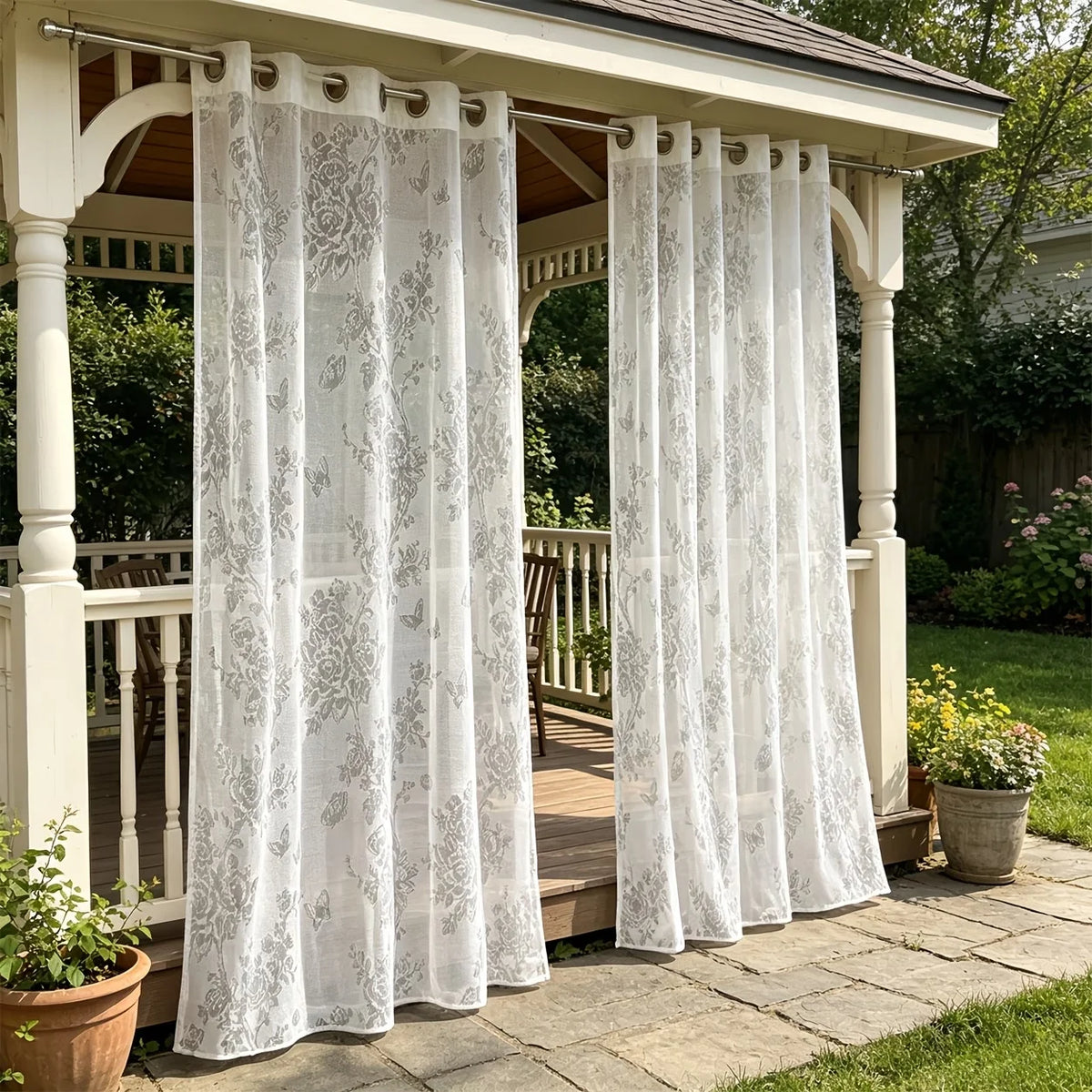 rideau blanc floral transparent classique balcon romantique anneaux