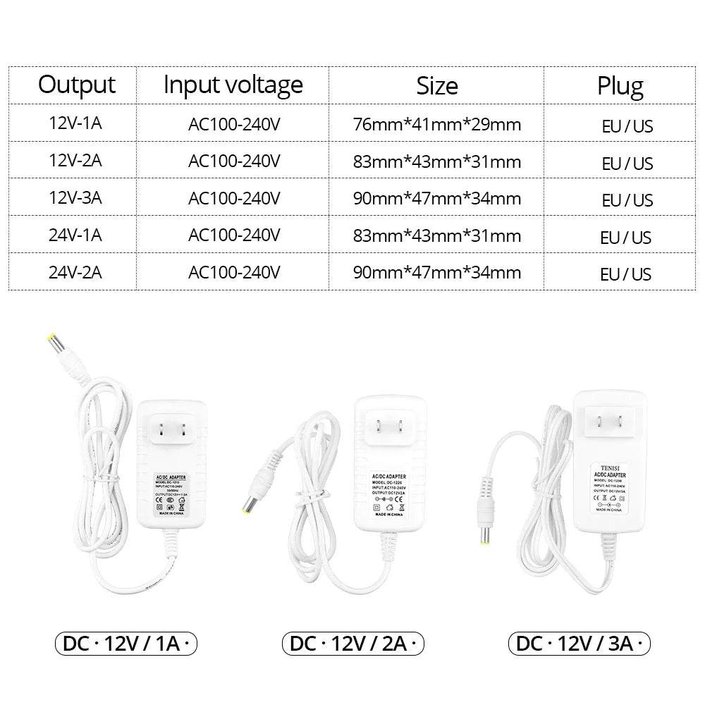 adaptateur secteur 12v 24v 1a 2a 3a blanc prise eu us tension continue bande