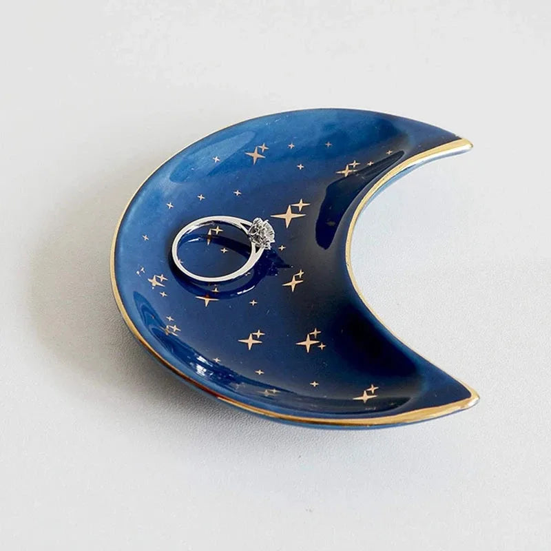 assiette lune étoiles dorées bleu nuit blanc moderne rangement bijoux colliers bagues echangement