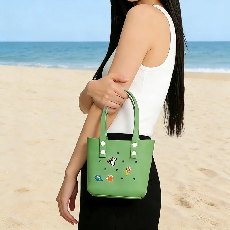 sac main vert jaune bleu perforé autocollants poignées détachables réutilisable respectueux environnement moderne casual