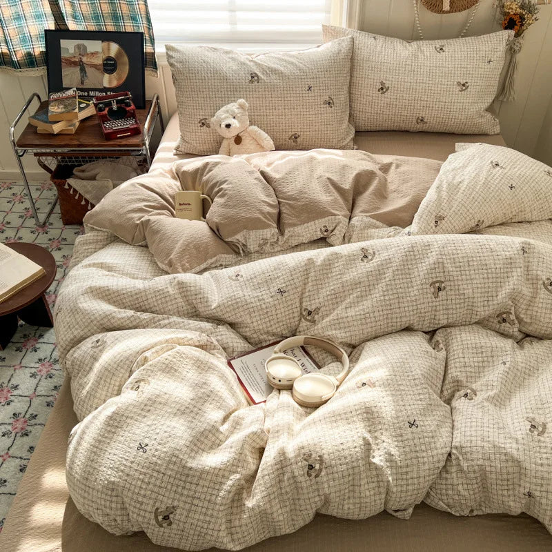 ensemble literie fleuri rose bleu marron clair coeurs taies d'oreiller housses couette doux moderne