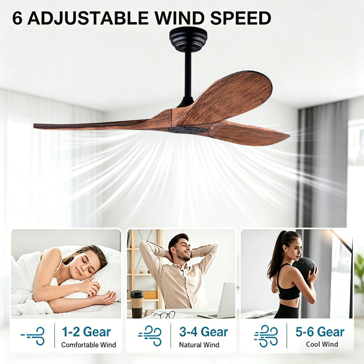 ventilateur moderne 52 60 pouces marron noir vitesses télécommande silencieux