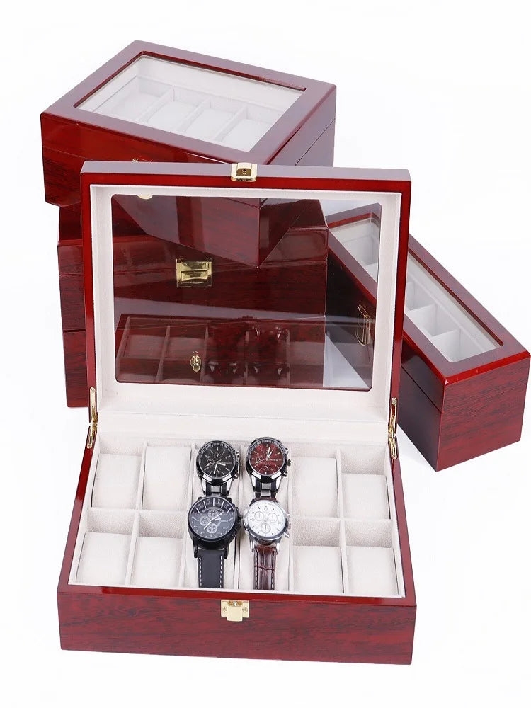 boîtes montres bois rouge foncé noir élégantes velours beige verre transparent cadenas dorés 10