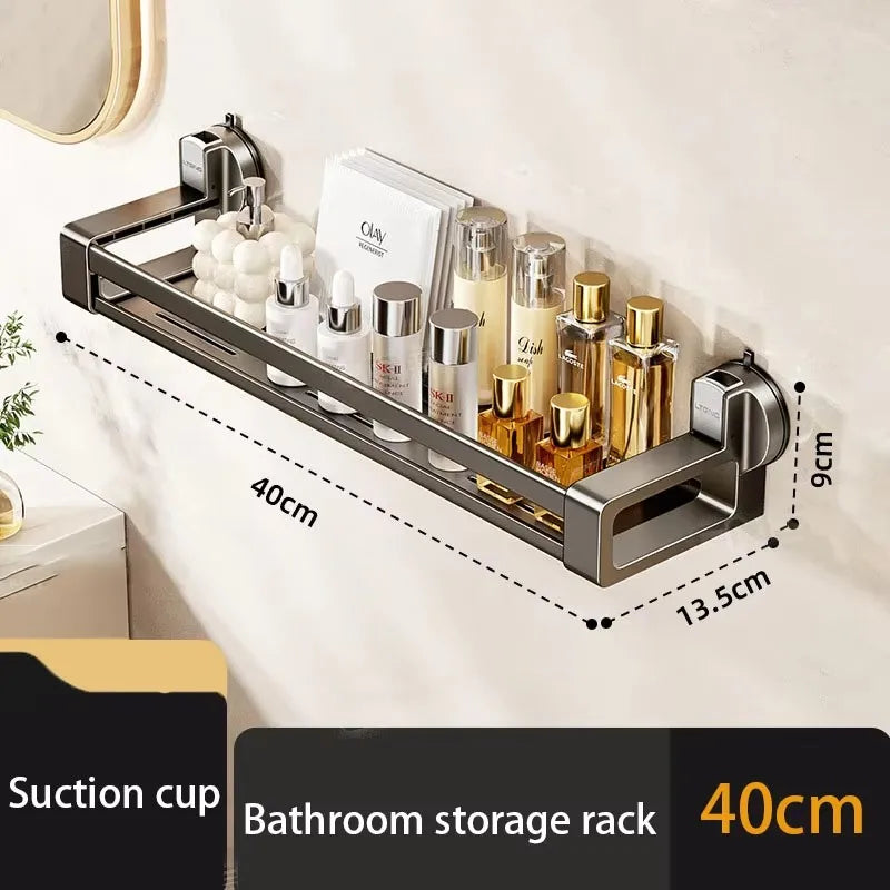 étagère salle bain argentée suction cup moderne minimaliste rangement bouteilles cosmétiques serviettes accessoires
