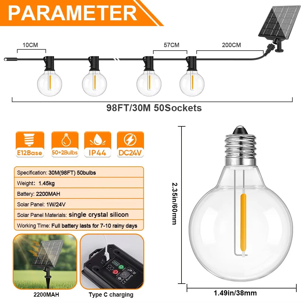 guirlande lumineuse solaire filaments apparents 15m 25 ampoules edison suspendue extérieure