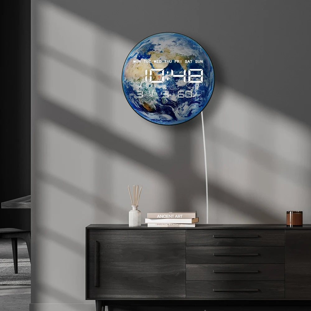 horloge murale moderne terrestre bleue océans continents numérique 30cm blanc