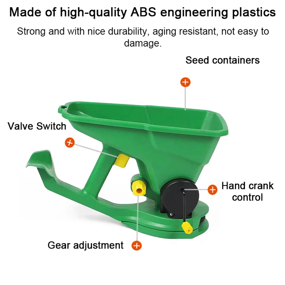 semoir manuel jardinage vert jaune plastique lisse réglable poignée formeoutil agricole