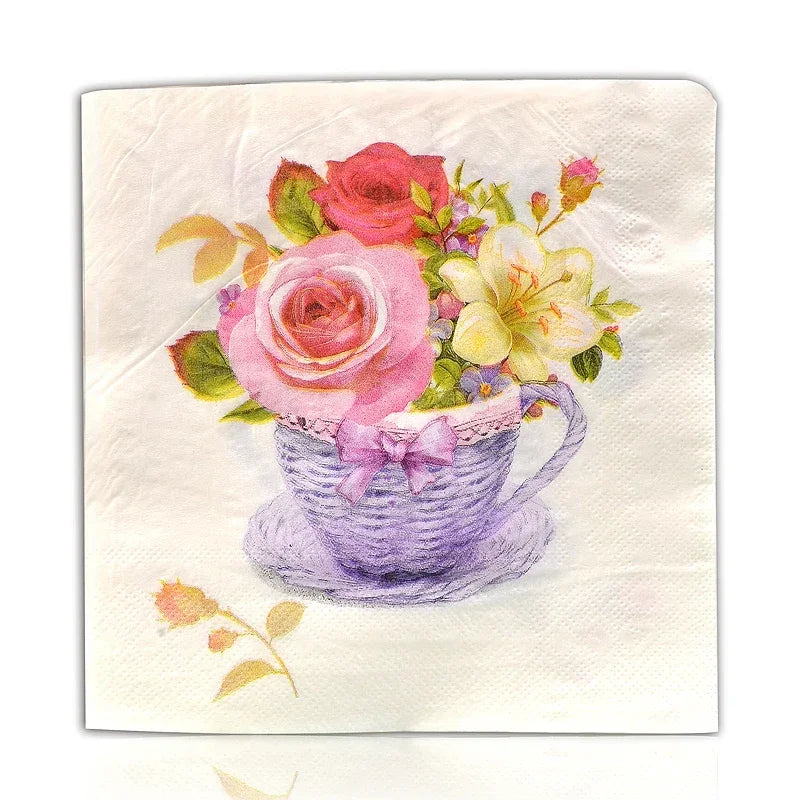 serviettes papier bouquet fleurs tasse vintage blanc rose violet jaune vert mariage festive