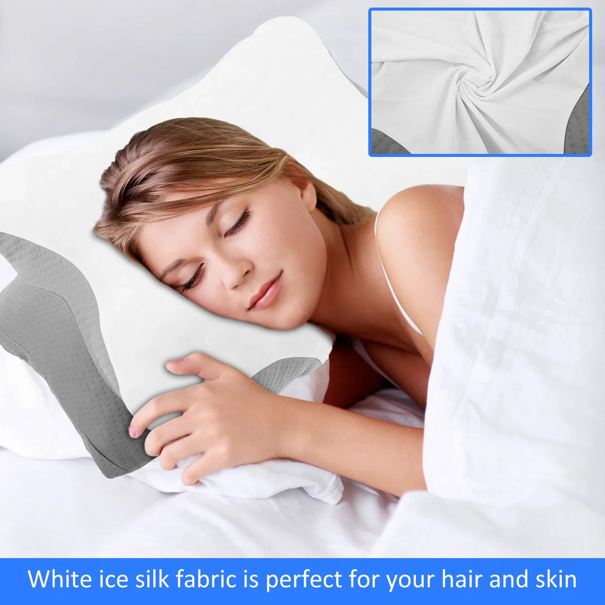 taie d'oreiller mousse mémoire forme papillon ergonomique cou blanc motif géométrique contemporain zip lisse