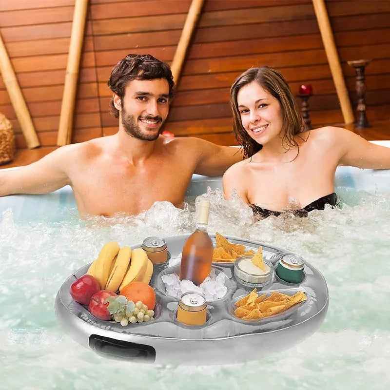 plateau flottant moderne fruits motif gris jaune ananas banane vin boisson chips glace piscine