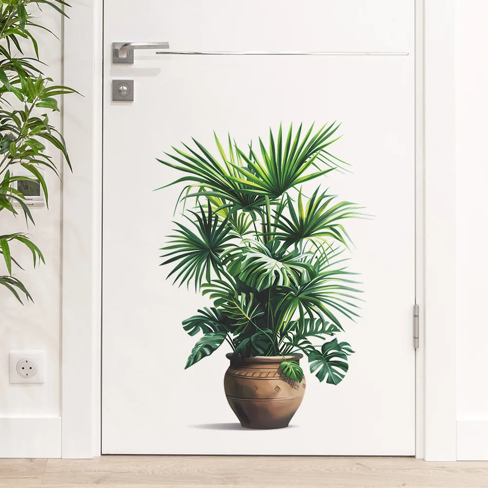 sticker mural feuilles palmier vase vert brun réaliste adhésif salon chambre décoration mur opaque