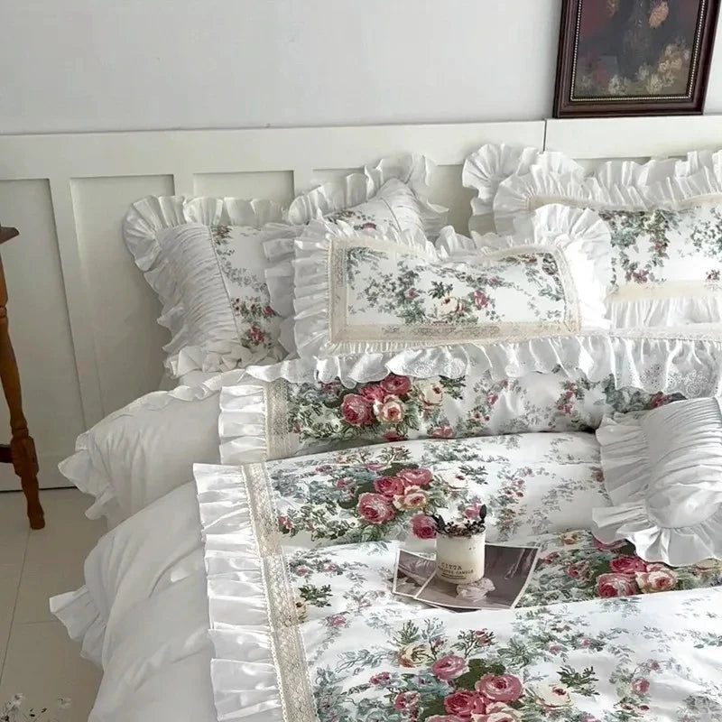 ensemble literie floral romantique blanc rose vert dentelle volants pièces