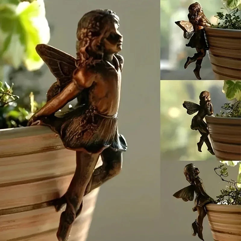 statues fées décoratives pot fleurs bronze marron ornements intérieurs extérieurs ailes ajourées texture sculptée