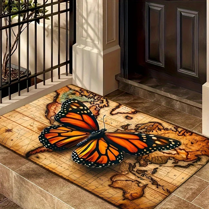 tapis vintage papillon feuilles d'automne carte monde salon bain résistant antidérapant moderne orange noir