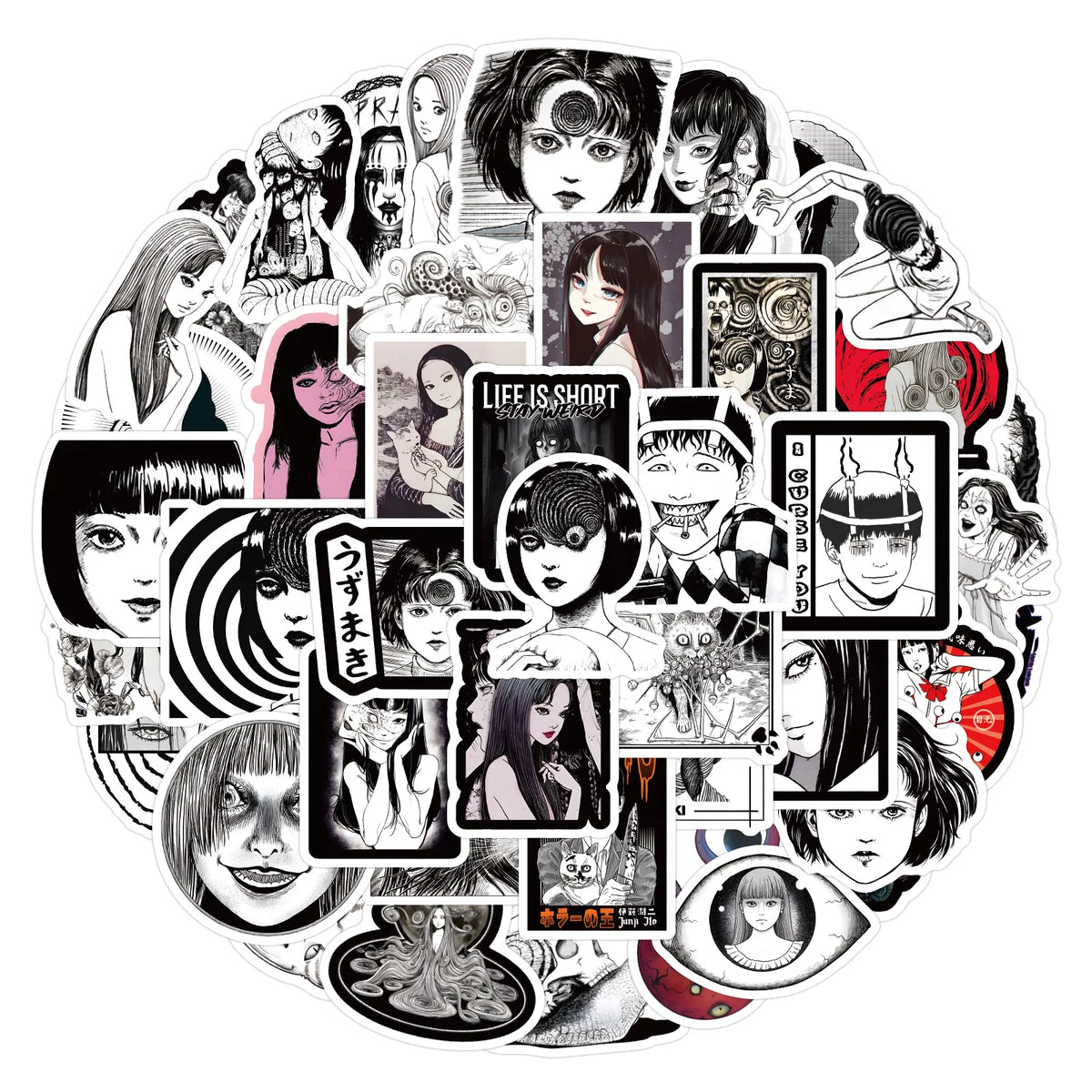 stickers adhésifs étanches gothiques manga abstraits visages grimaçants tomie kawakami junji ito