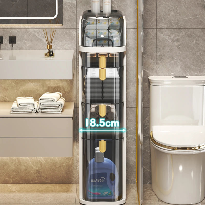 rangement salle bain moderne étages adhésif compartiments transparent beiges gris produits toilette papier serviettes