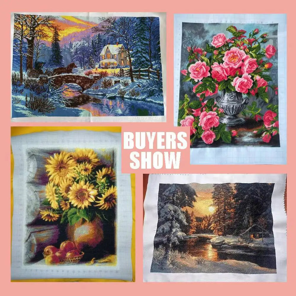 kit broderie multicolore motifs floraux paysage artiste aiguilles fil plan outils 30x30 40x40 50x50