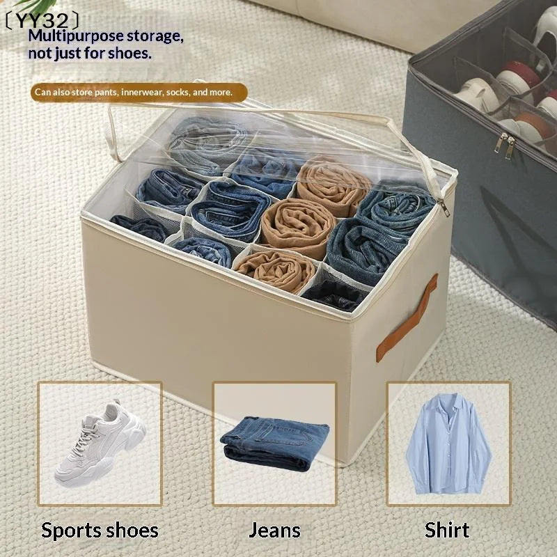 boîtes rangement chaussures tissu polyestère transparentes poignées cuir moderne 12 compartiments gris beige noir