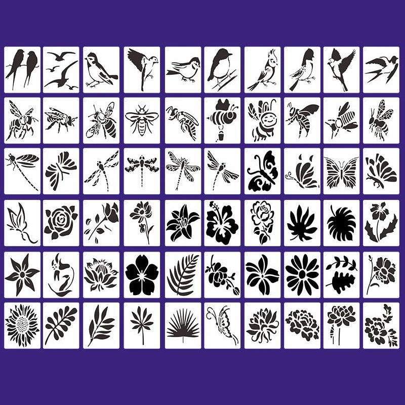 pochoirs peinture tampons fleurs oiseaux insectes feuilles noir blanc gris simple linéaire bois toile