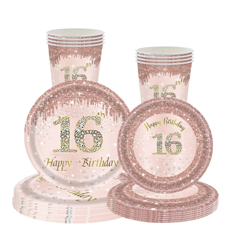 vaisselle jetable rose paillettes 16th birthday assiettes verres serviettes nappe festive