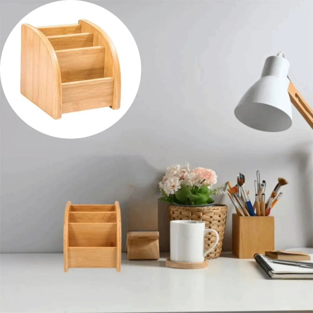 organisateur multifonction moderne bois marron compartiments rangement stylos crayons ciseaux calculatrice bloc notes minimalistestyle