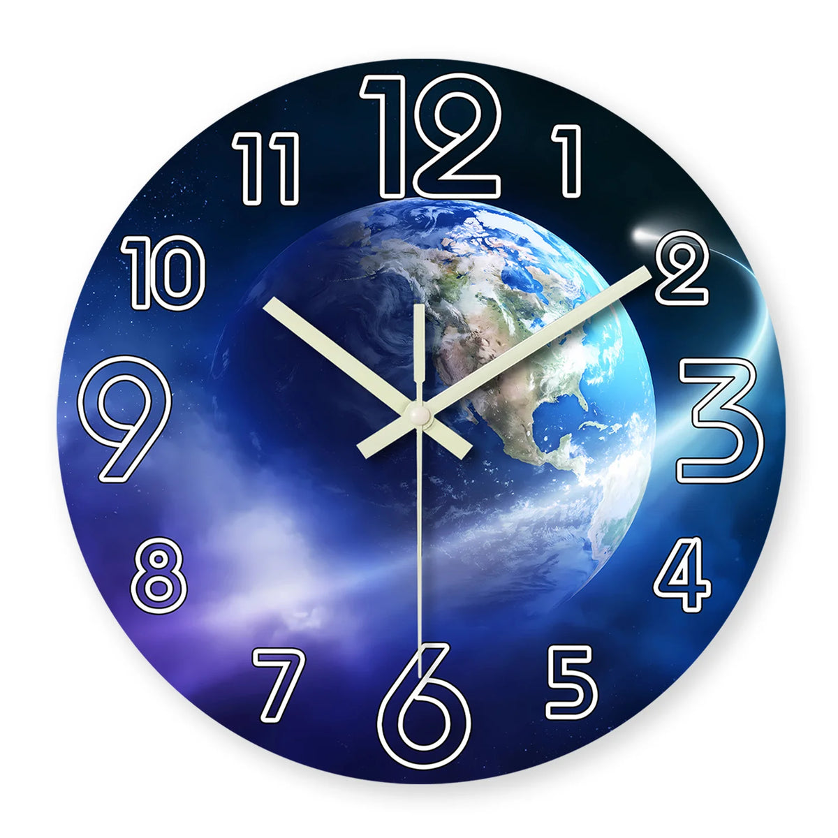 Horloge murale moderne Terre espace chiffres lumineux bois bleu vert noir 12 14 16