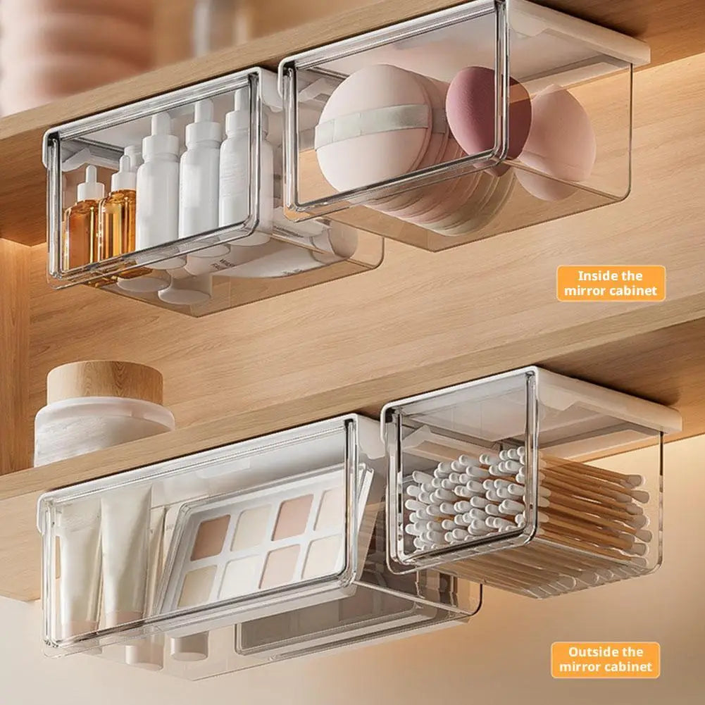boîtes rangement tiroirs transparentes adhésives cosmétiques poignées blanches modernes pratiques sous meuble organisation produits