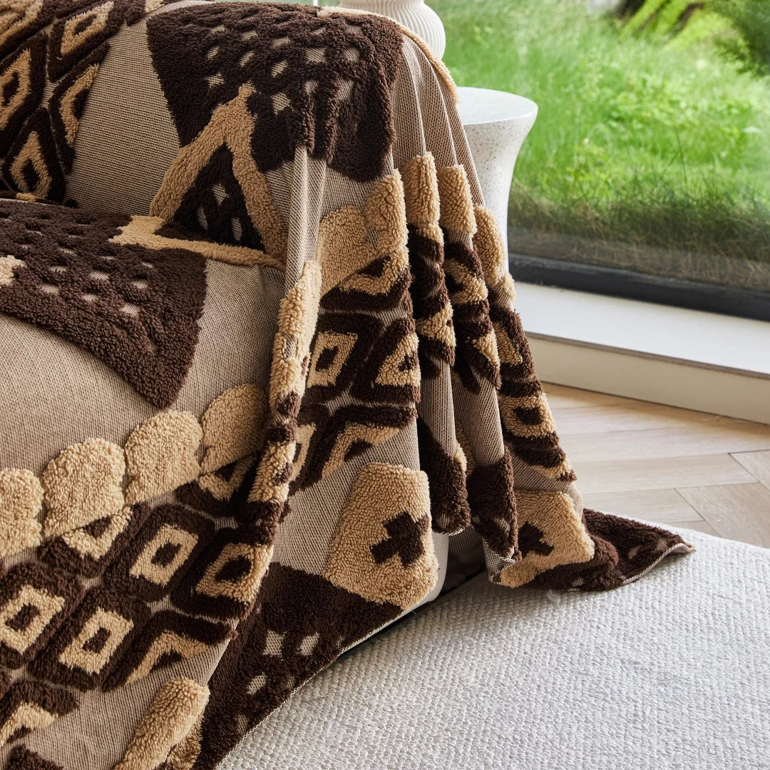 couverture canapé jacquard géométrique beige marron opacité douce lavable fauteuil inclinable futon modular trois