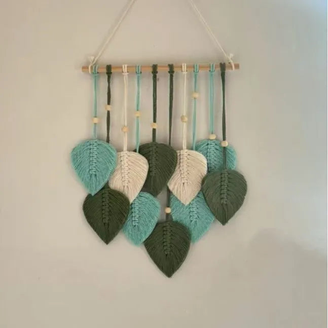 tapisserie murale coton feuilles stylisées vert blanc beige bohème moderne fixations decoration mur hanging