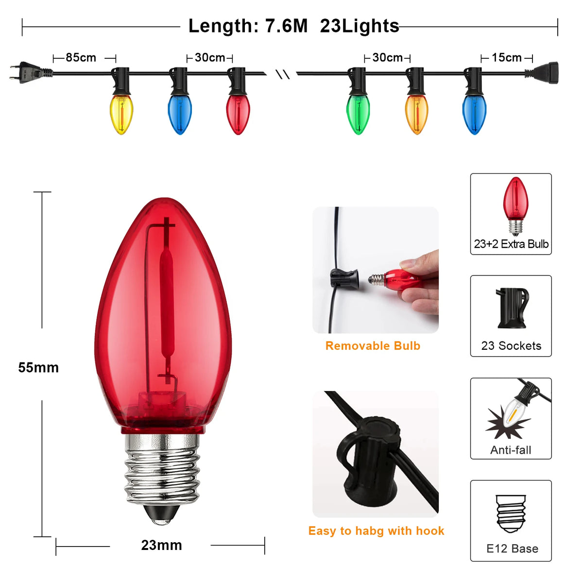 guirlande led c7 multicolore transparente moderne 25ft 65ft extérieure clips adaptable patio jardin