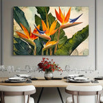 toile d'art moderne fleurs tropicales oiseau paradis abstrait vert orange bleu beige salon maisonDecoration