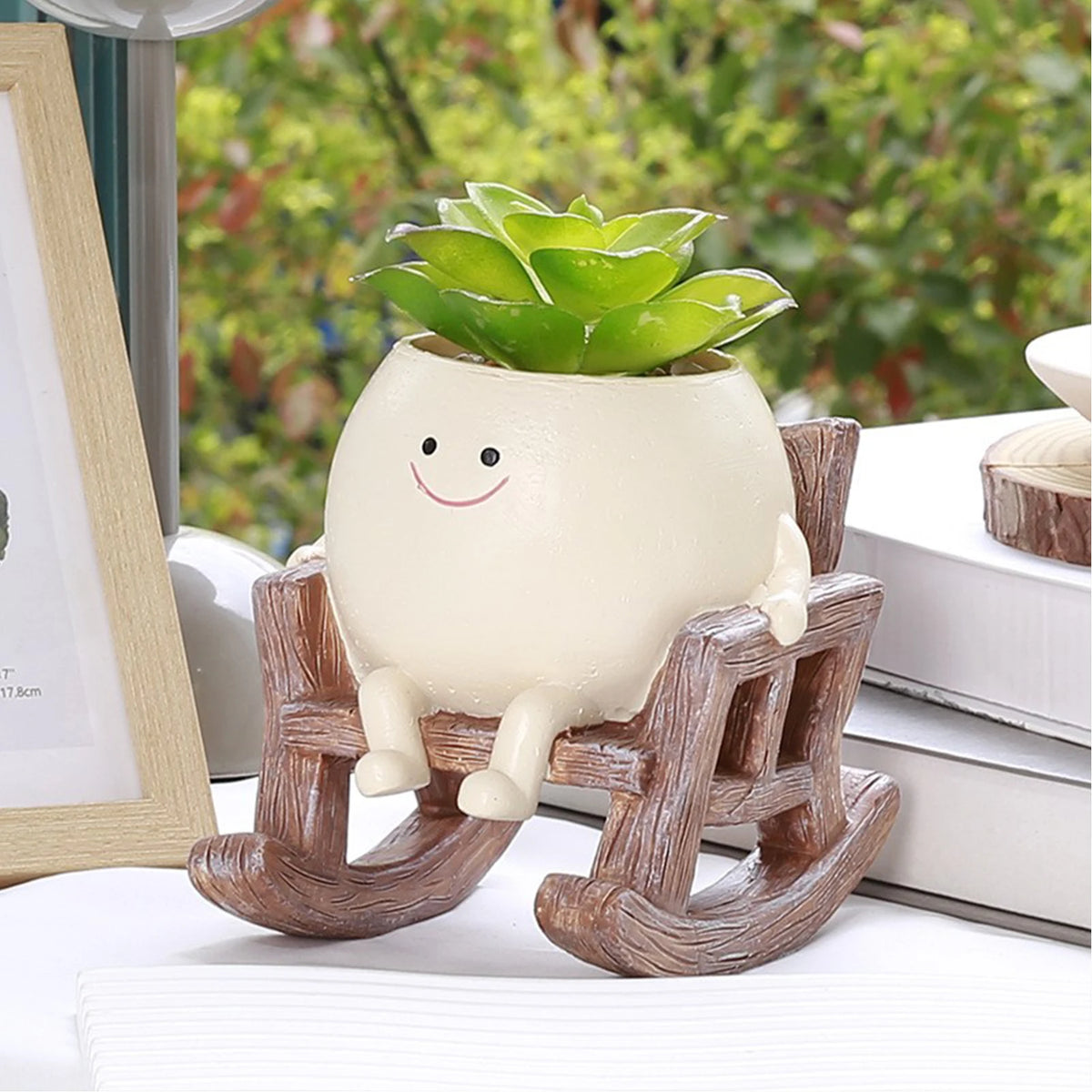 cache plantes succulentes chaise bascule visage souriant feuilles blanc
