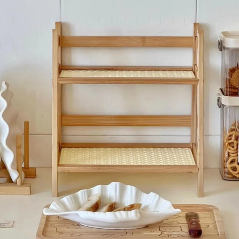 étagère deux niveaux bois clair moderne rangement cuisine tasses vases figurines serviettes biscuits assiettes