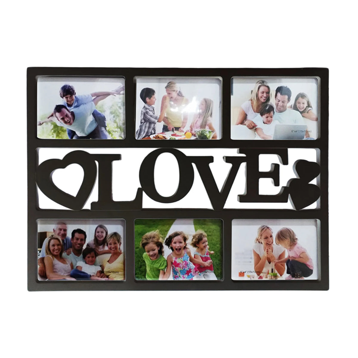 cadre photo multiple six ouvertures decoratif blanc noir motifs coeurs love family