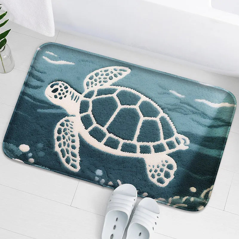 tapis bain bleu marine blanc motif tortue anti dérapant absorbant moderne 40x60cm