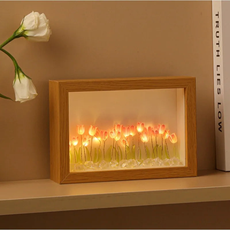 cadre lumineux bois tulipes reliefs feuilles pierres contemporain minimaliste déco chambre ambiancé led