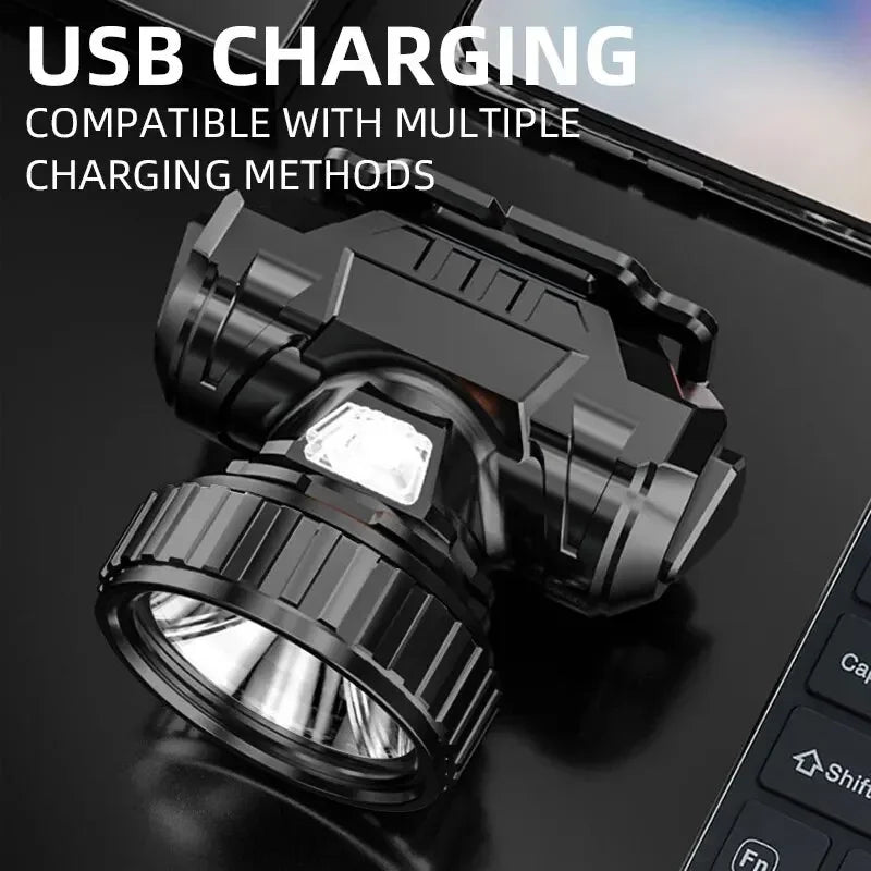 lampe frontale led rechargeable usb noir ceinture velcro multifonctionnelle moderne robuste