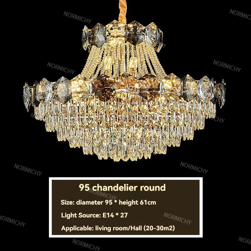 lustre cristal doré moderne grand salon salle manger luxe élégant suspension intérieur