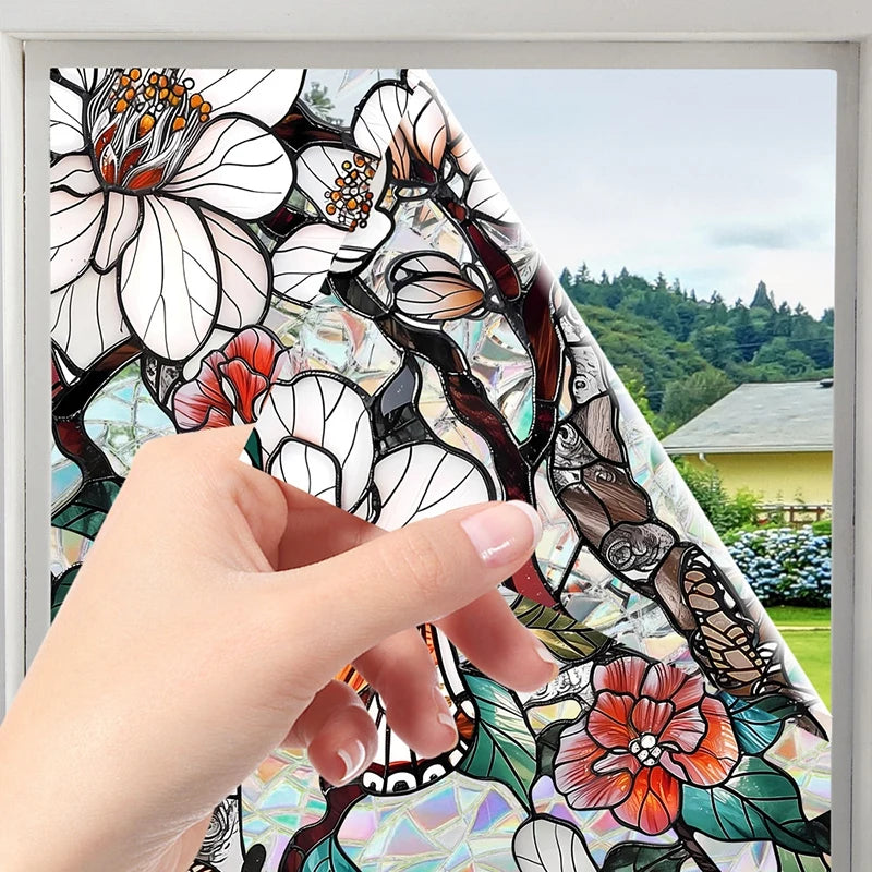 film vitrail fleurs papillons adhésif multicolore décoratif fenêtre opacité artiste