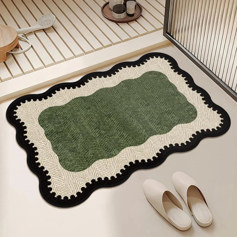 tapis bain vert rayures bordure dentelée moderne élégant imperméable antidérapant polyester usage maison hôtelextérieur