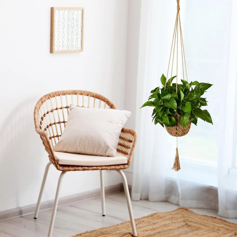 panier suspendu boho chic tissé motifs floraux jaune clair crochets métalliques deux cordons suspension