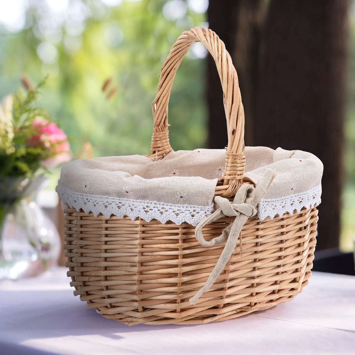 panier osier tressé doublure tissu motifs floraux poignées bois naturel rustique vintage almacenamiento